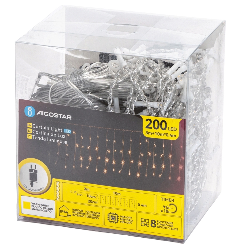 Aigostar - Zewnętrzny łańcuch świąteczny 200 diod LED/8 funkcji 10x0,4m IP44 ciepła biała