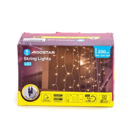 Aigostar - LED Zewnętrzny łańcuch świąteczny 200xLED/8 funkcje 5x2m IP44 ciepła biel