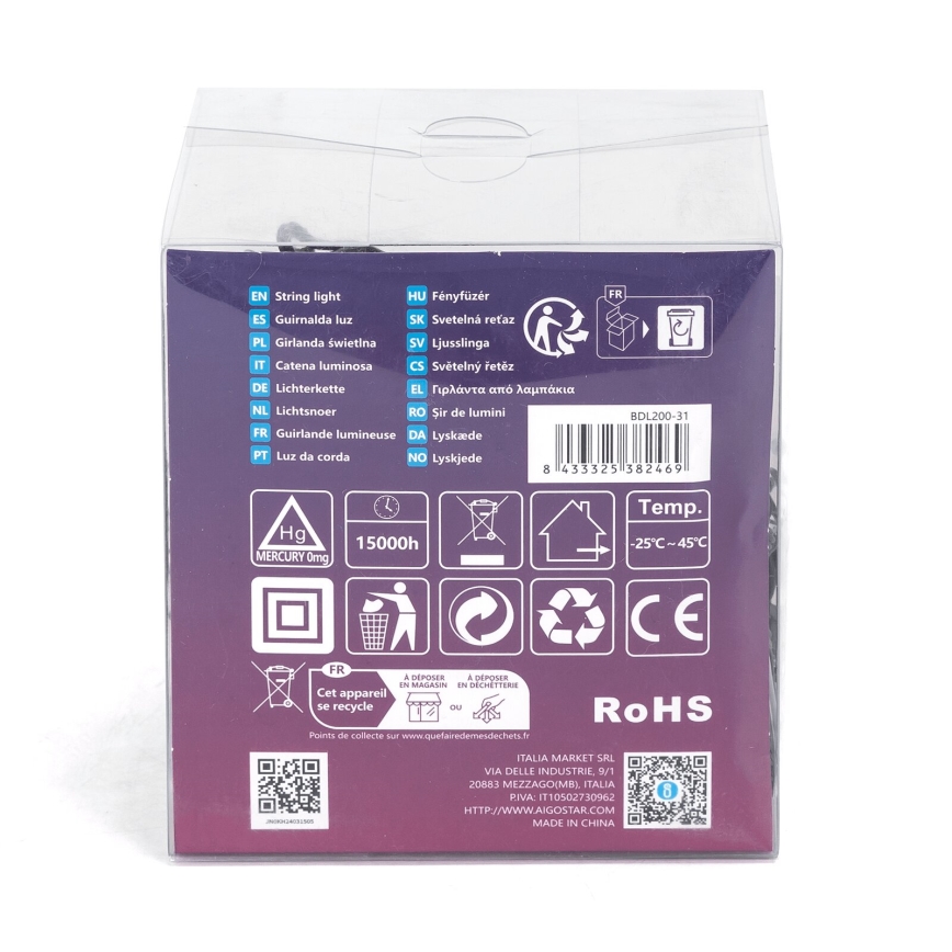 Aigostar - LED Zewnętrzny łańcuch świąteczny 200xLED/8 funkcji 13m IP44 ciepła biel