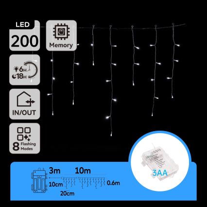 Aigostar - LED zewnętrzny łańcuch świąteczny 200xLED/8 funkcji 3xAA 13x0,6m IP44 zimna biel