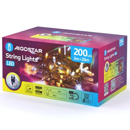 Aigostar - LED zewnętrzny łańcuch świąteczny 200xLED/8 funkcji 23m IP44 ciepłe białe/zimne białe