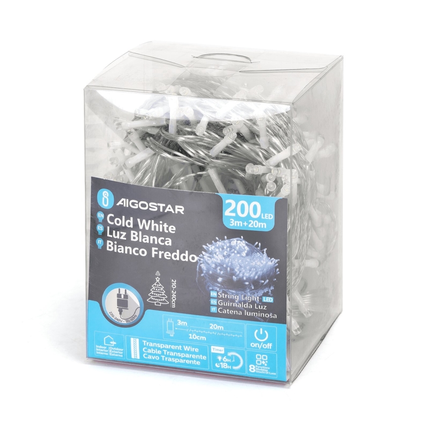 Aigostar - LED zewnętrzny łańcuch świąteczny 200xLED/8 funkcji 23m IP44 zimna biała