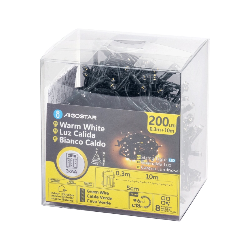 Aigostar - LED Zewnętrzny łańcuch świąteczny 200xLED/8 funkcji 3xAA 10,3m IP44 ciepła biel