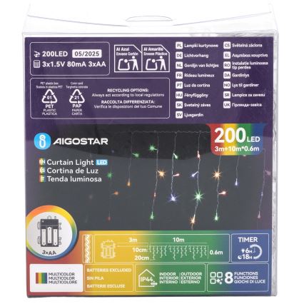 Aigostar - Zewnętrzny łańcuch świąteczny LED 200xLED/8 trybów 3xAA 13x0,6 m IP44 wielokolorowy