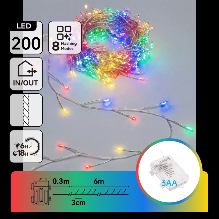 Aigostar - LED Zewnętrzny łańcuch świąteczny 200xLED/8 funkcji 3xAA 6,3m IP44 wielokolorowy