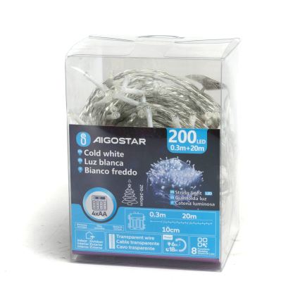 Aigostar - LED zewnętrzny łańcuch świąteczny 200xLED/8 funkcji 4xAA 20m IP44 zimna biel