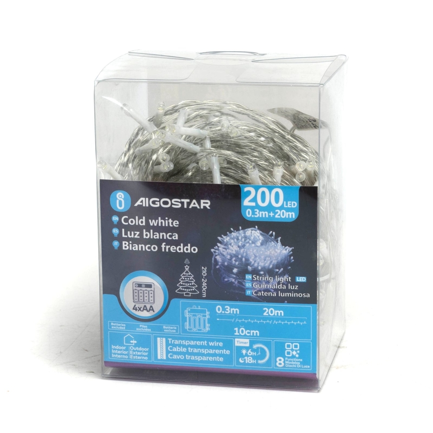 Aigostar - LED zewnętrzny łańcuch świąteczny 200xLED/8 funkcji 4xAA 20m IP44 zimna biel