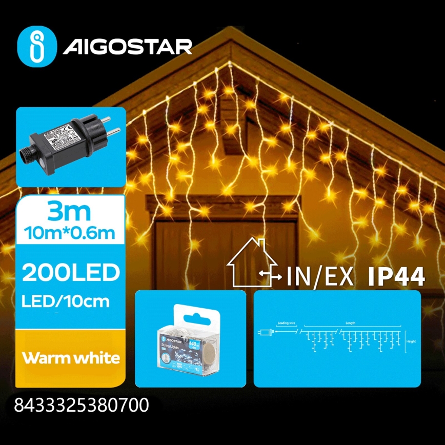 Aigostar - LED Zewnętrzny łańcuch świąteczny 200xLED/8 trybów 13x0,6m IP44 ciepła biała