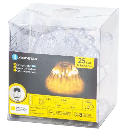 Aigostar - Zewnętrzny łańcuch LED 25 diod/8 funkcji 3xAA 2,5 m IP44 ciepła biel krople
