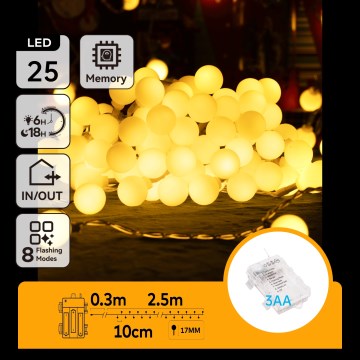 Aigostar-LED Zewnętrzny łańcuch świąteczny 25xLED/3xAA/8 funkcji 2,8 m IP44 ciepła biel