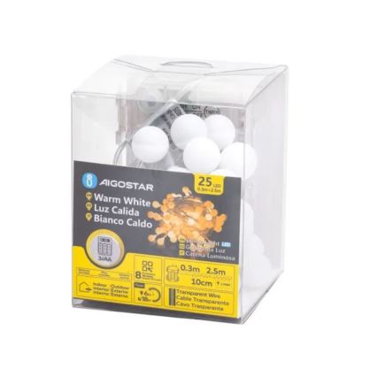 Aigostar-LED Zewnętrzny łańcuch świąteczny 25xLED/3xAA/8 funkcji 2,8 m IP44 ciepła biel