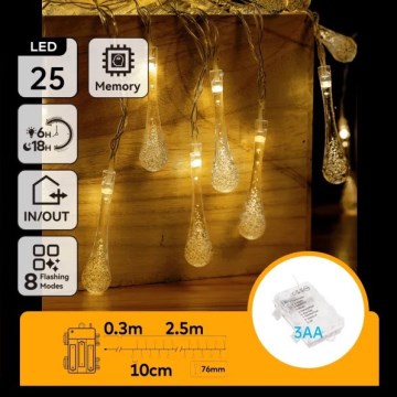 Aigostar - LED zewnętrzny łańcuch świąteczny 25xLED/8 funkcji 3xAA 2,5 m IP44 ciepła biała krople