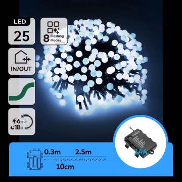 Aigostar - LED zewnętrzny łańcuch świąteczny 25xLED/8 funkcji 3xAA 2,8m IP44 zimna biel