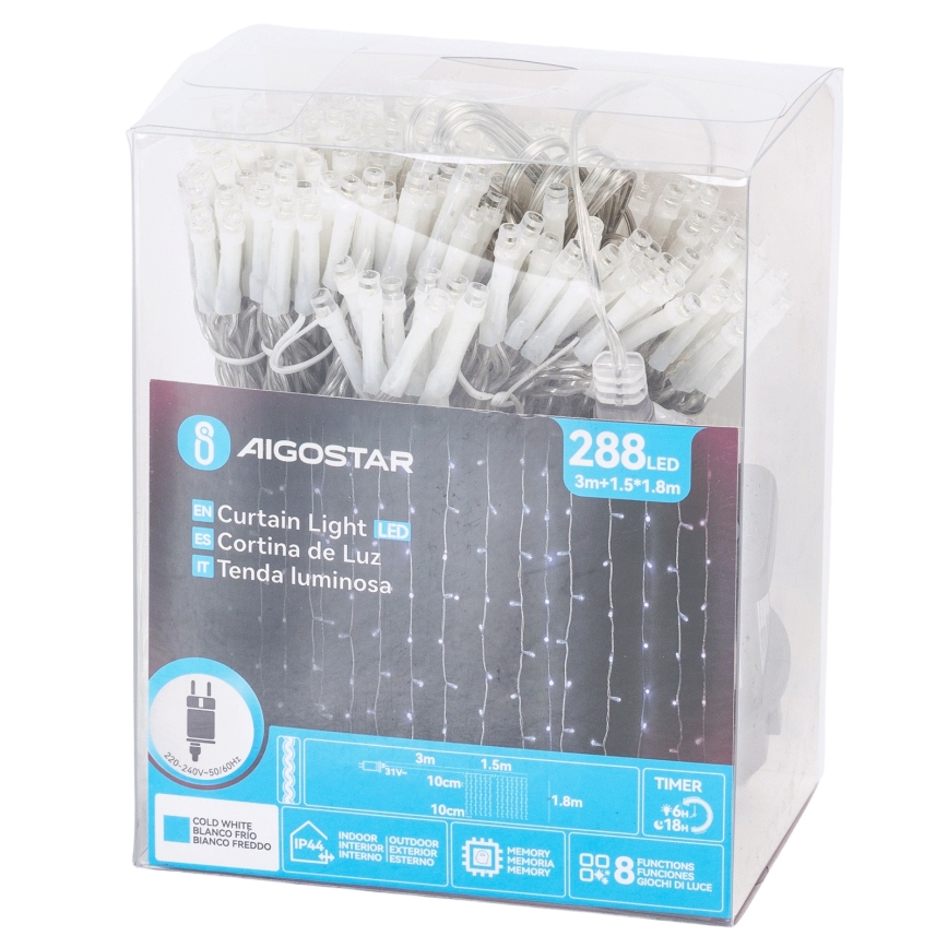 Aigostar - Zewnętrzne lampki świąteczne LED 288xLED/8 funkcji 1,5x1,8m IP44 zimne białe światło