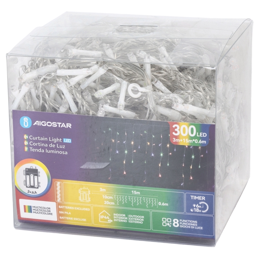 Aigostar - LED Zewnętrzny łańcuch świąteczny 300 LED/8 trybów 3xAA 18x0,6 m IP44 wielokolorowy