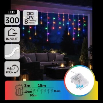Aigostar - LED Zewnętrzny łańcuch świąteczny 300 LED/8 trybów 3xAA 18x0,6 m IP44 wielokolorowy