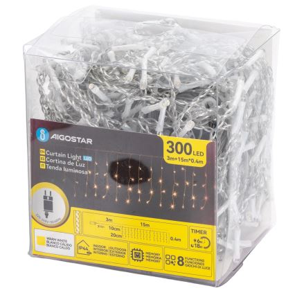 Aigostar - Zewnętrzne lampki świąteczne LED 300 LED / 8 trybów 15x0,4 m IP44 ciepła biała