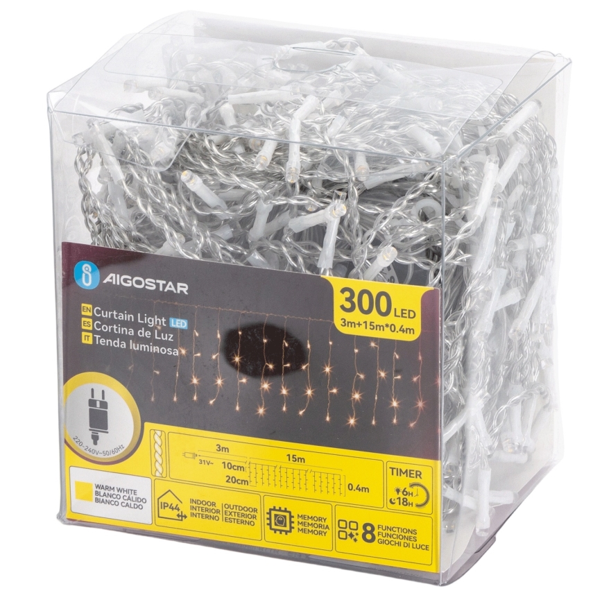 Aigostar - Zewnętrzne lampki świąteczne LED 300 LED / 8 trybów 15x0,4 m IP44 ciepła biała