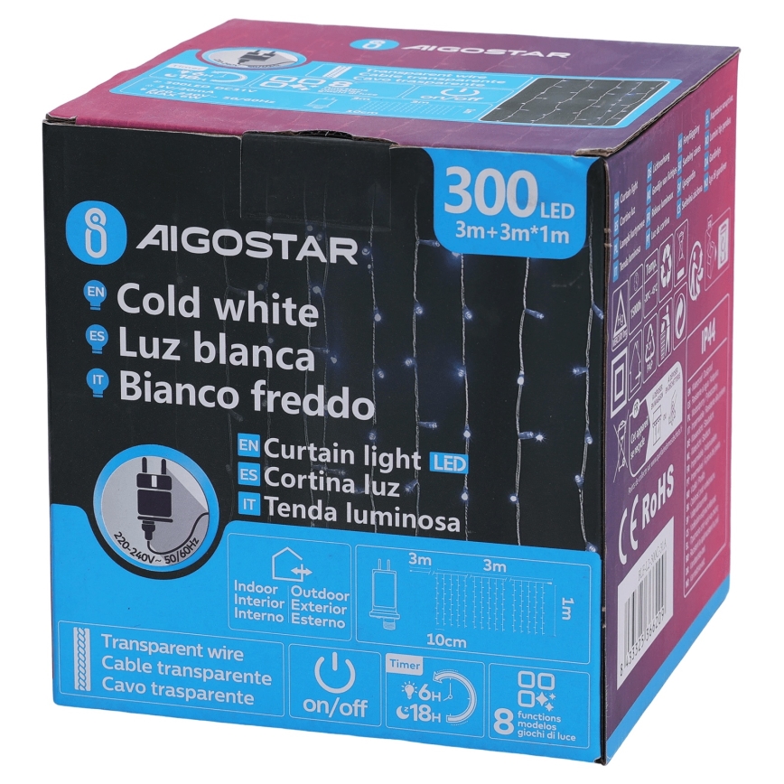 Aigostar - Zewnętrzny świąteczny łańcuch świetlny LED 300xLED/8 funkcji 3x1m IP44 zimna biel + z pilotem zdalnego sterowania