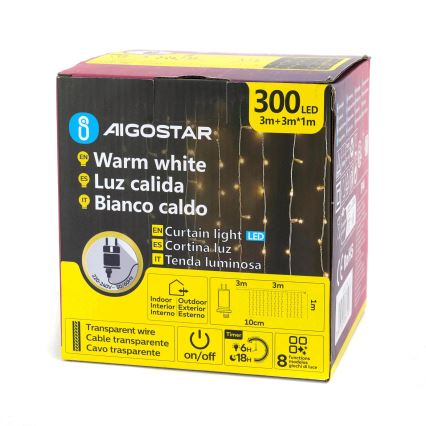 Aigostar - Zewnętrzny łańcuch świąteczny LED 300 diod / 8 funkcji, 3 x 1 m, IP44, ciepła biel + pilot zdalnego sterowania