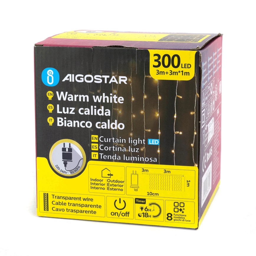 Aigostar - Zewnętrzny łańcuch świąteczny LED 300 diod / 8 funkcji, 3 x 1 m, IP44, ciepła biel + pilot zdalnego sterowania