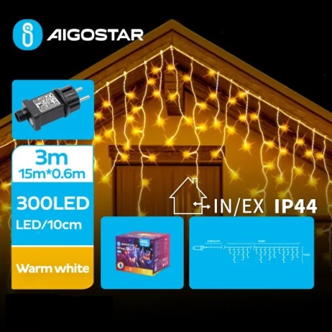 Aigostar - LED Zewnętrzny łańcuch świąteczny 300xLED/8 funkcje 18x0,6m IP44 ciepła biel