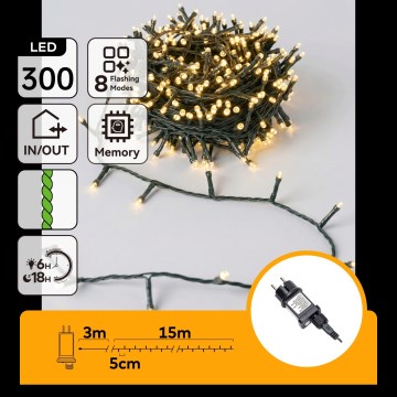Aigostar - LED Zewnętrzny łańcuch świąteczny 300xLED/8 funkcji 18m IP44 ciepła biel