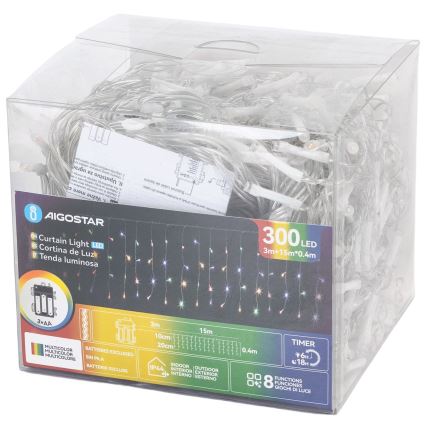 Aigostar - LED zewnętrzny łańcuch świąteczny 300xLED/8 funkcji 3xAA 18x0,4m IP44 wielokolorowy