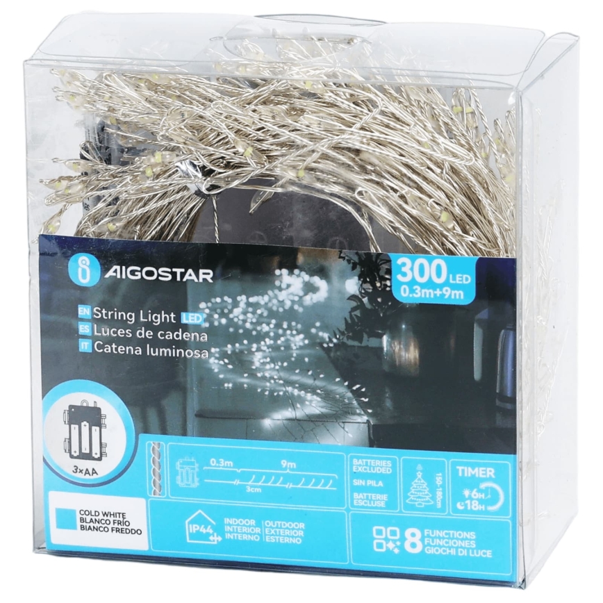 Aigostar - LED zewnętrzny łańcuch świąteczny 300 diod LED/8 funkcji 3xAA 9,3m IP44 zimna biel