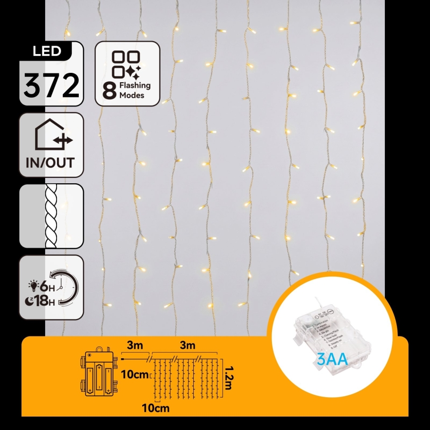 Aigostar - LED Zewnętrzny łańcuch świąteczny 372xLED/8 funkcji 3xAA 6x1,2m IP44 ciepła biała
