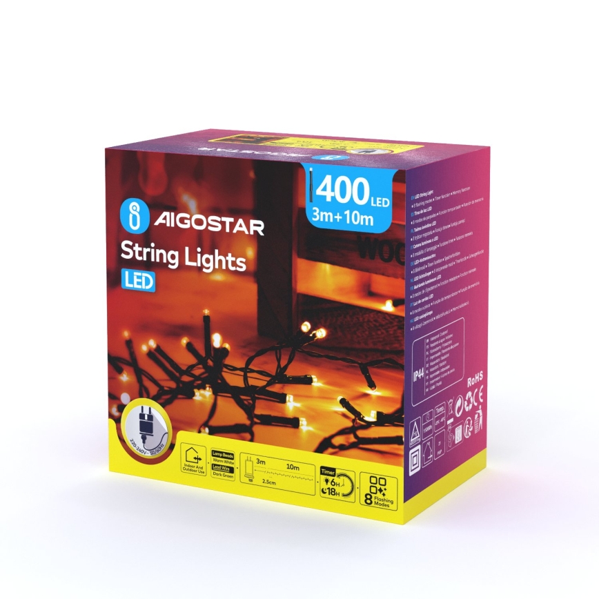 Aigostar - LED Zewnętrzny łańcuch świąteczny 400xLED/8 funkcji 13m IP44 ciepła biel