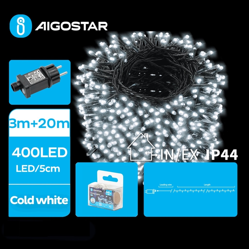 Aigostar - LED Zewnętrzny łańcuch świąteczny 400xLED/8 funkcji 23m IP44 zimna biel