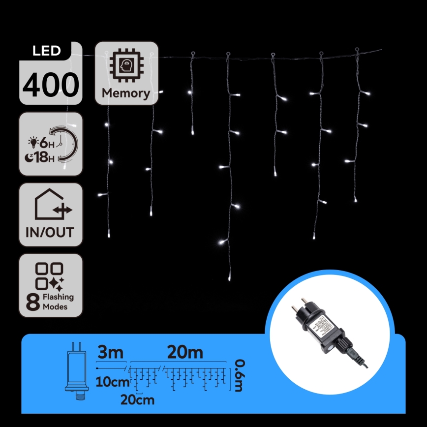 Aigostar - LED zewnętrzny łańcuch świąteczny 400xLED/8 funkcji 23x0,6m IP44 zimna biała