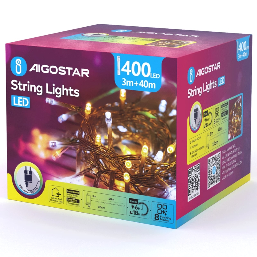 Aigostar - Zewnętrzny łańcuch świąteczny LED, 400 diod, 8 funkcji, 43 m, IP44, ciepła/zimna biała