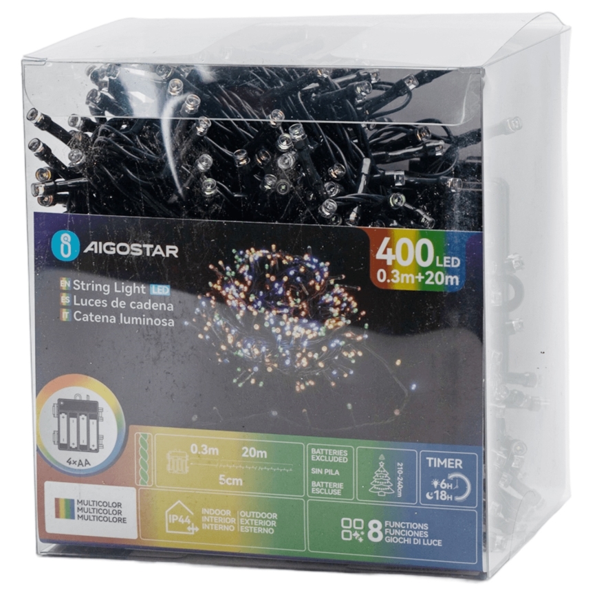 Aigostar - Zewnętrzny łańcuch świąteczny LED 400 diod/8 funkcji, zasilanie 4×AA, długość 20,3 m, IP44, wielokolorowy