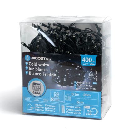 Aigostar - LED zewnętrzny łańcuch świąteczny 400xLED/8 funkcji 4xAA 20,3 m IP44 zimna biel