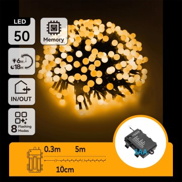 Aigostar - LED zewnętrzny łańcuch świąteczny 50 diod LED / 8 funkcji / 3x AA / 5,3 m / IP44 / ciepła biała