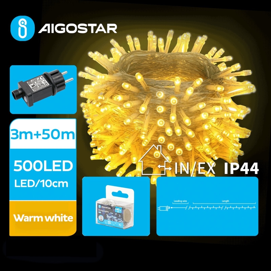 Aigostar - LED Zewnętrzny łańcuch świąteczny 500xLED/8 funkcji 53m IP44 ciepła biel