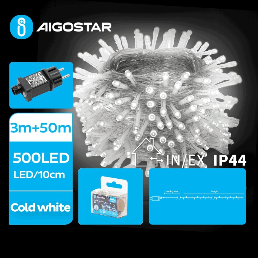 Aigostar - LED Zewnętrzny łańcuch świąteczny 500xLED/8 funkcji 53m IP44 zimna biel
