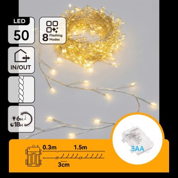 Aigostar - LED zewnętrzny łańcuch świąteczny 50xLED/8 funkcji 3xAA 1,8m IP44 ciepła biała