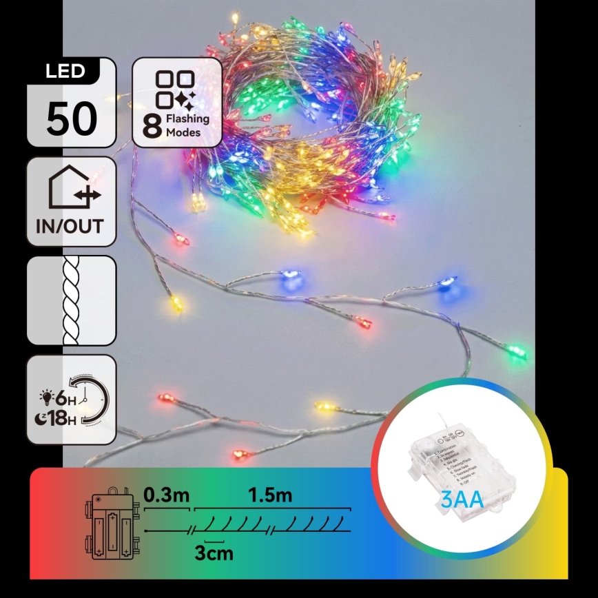 Aigostar - LED Zewnętrzny łańcuch świąteczny 50xLED/8 funkcji 3xAA 1,8m IP44 wielokolorowy