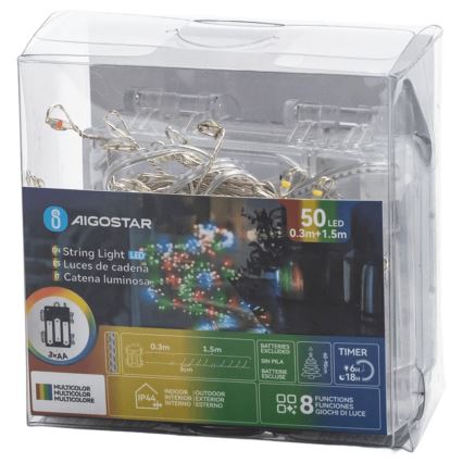 Aigostar - LED Zewnętrzny łańcuch świąteczny 50xLED/8 funkcji 3xAA 1,8m IP44 wielokolorowy