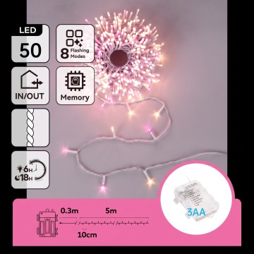 Aigostar - LED zewnętrzny łańcuch świąteczny 50xLED/8 funkcji 3xAA 5,3 m IP44 różowy/ciepła biel