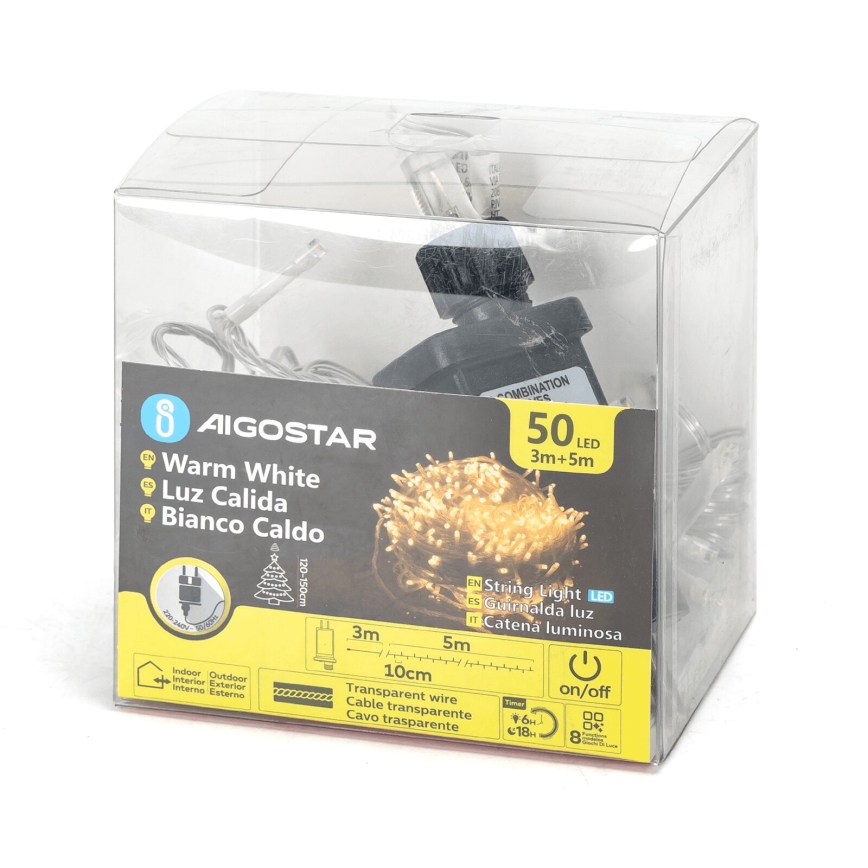 Aigostar - LED Zewnętrzny łańcuch świąteczny 50xLED/8 funkcji 8m IP44 ciepła biel