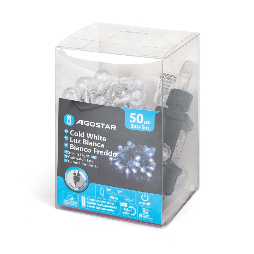 Aigostar - LED Zewnętrzny łańcuch świąteczny 50xLED/8 funkcji 8m IP44 zimna biel
