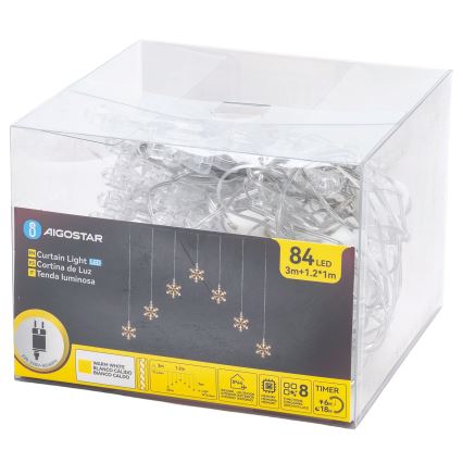 Aigostar - Zewnętrzny łańcuch świąteczny LED 84xLED/8 funkcji 1,2x1m IP44 ciepła biała, śnieżynki