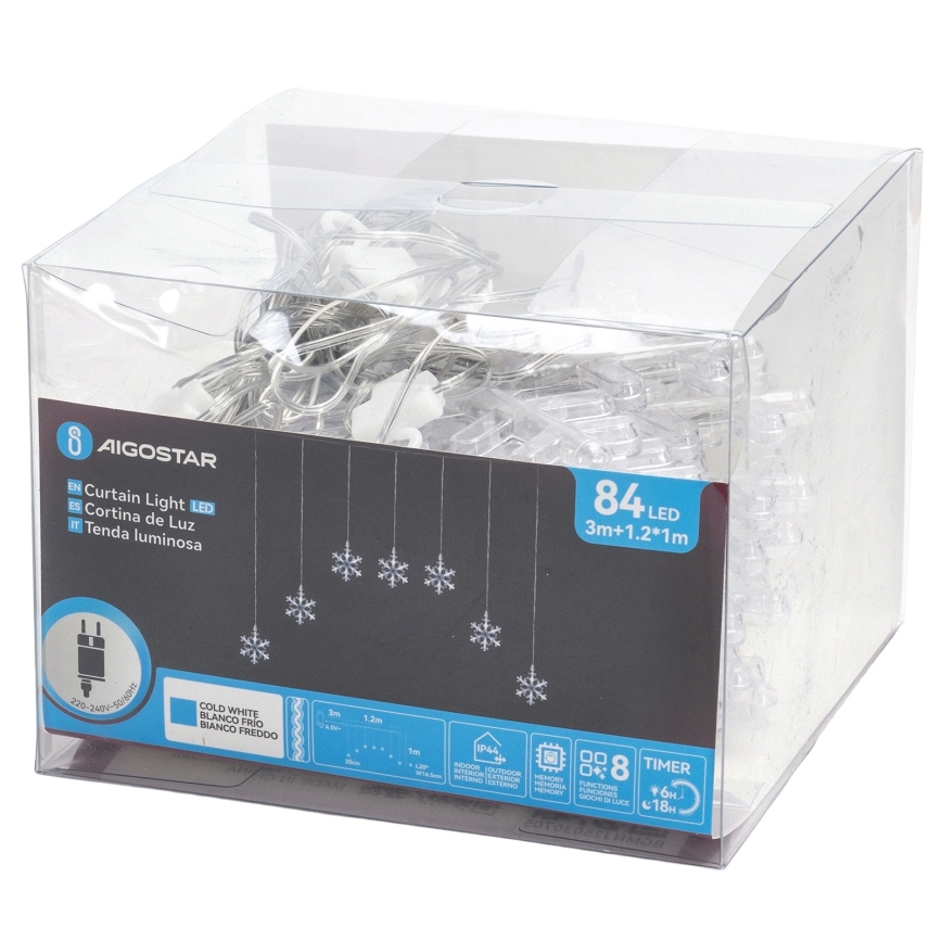 Aigostar - LED zewnętrzny łańcuch świąteczny 84xLED/8 funkcji 1,2x1m IP44 zimne białe śnieżynki