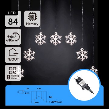 Aigostar - LED Zewnętrzny łańcuch świąteczny 84xLED/8 funkcji 1,2x1m IP44 zimna biel płatki śniegu