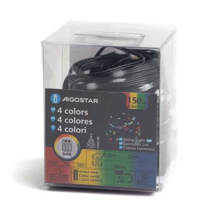 Aigostar - LED zewnętrzny łańcuch świetlny 150xLED/8 trybów 3xAA 15,3m IP44 wielokolorowy