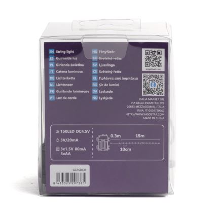 Aigostar - LED zewnętrzny łańcuch świetlny 150xLED/8 trybów 3xAA 15,3m IP44 wielokolorowy